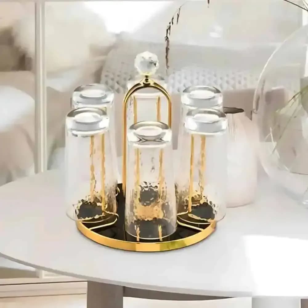 360° Rotating Glass Holder Rack - Golden Metal 6 Hook Cup & Mug Organizer - Price in Bangladesh - image 3