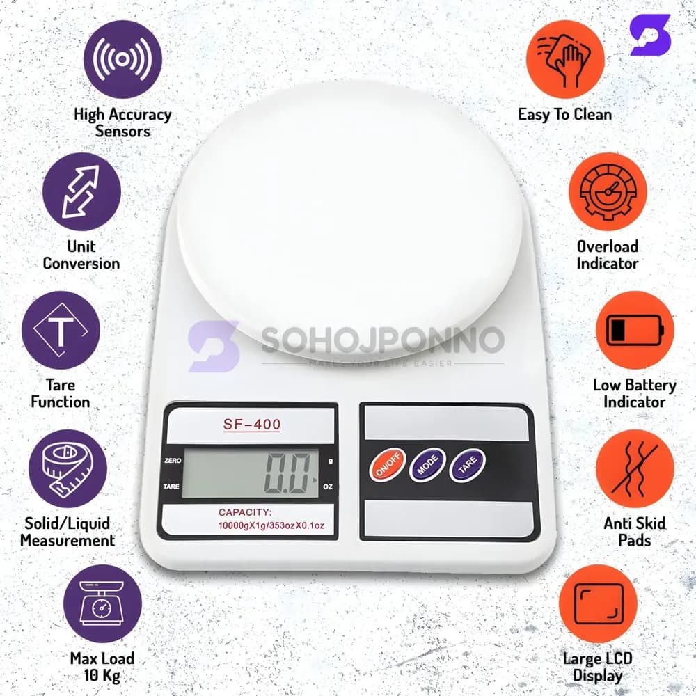 SF-400 Digital Kitchen Scale 10kg - Electronic LCD Food Weight Machine - Price in Bangladesh - image 4