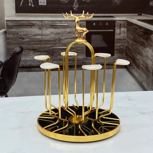360° Rotating Glass Holder Rack - Golden Metal 6 Hook Cup & Mug Organizer - Price in Bangladesh - image 2