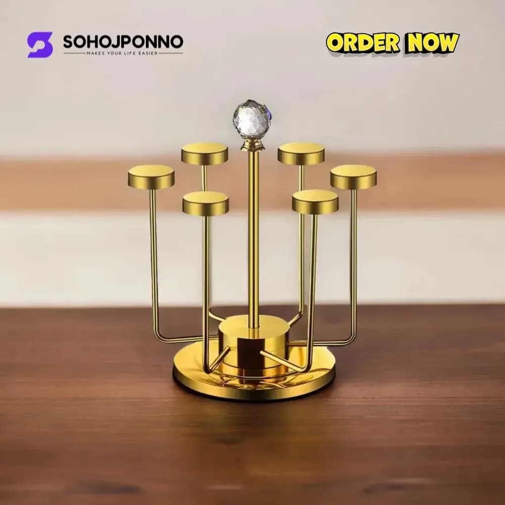 360° Rotating Glass Holder Rack - Golden Metal 6 Hook Cup & Mug Organizer - Price in Bangladesh