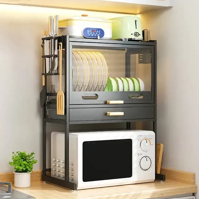 Kitchen Countertop Microwave Stand with Dish Cabinet - Carbon Steel Kitchen Organizer - Price in Bangladesh