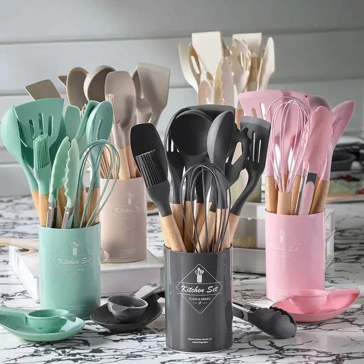 12 Pcs Silicone Kitchen Utensil Set with Wooden Handle - Non Stick Cooking Spoon Set - Price in Bangladesh