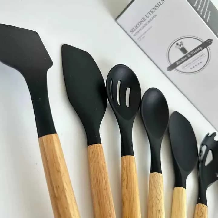 12 Pcs Silicone Kitchen Utensil Set with Wooden Handle - Non Stick Cooking Spoon Set - Price in Bangladesh - image 4