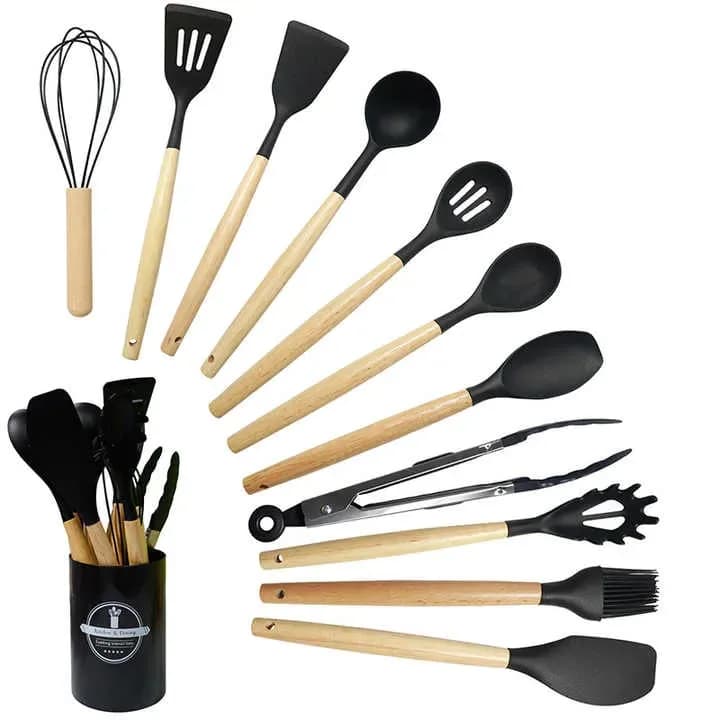 12 Pcs Silicone Kitchen Utensil Set with Wooden Handle - Non Stick Cooking Spoon Set - Price in Bangladesh - image 2